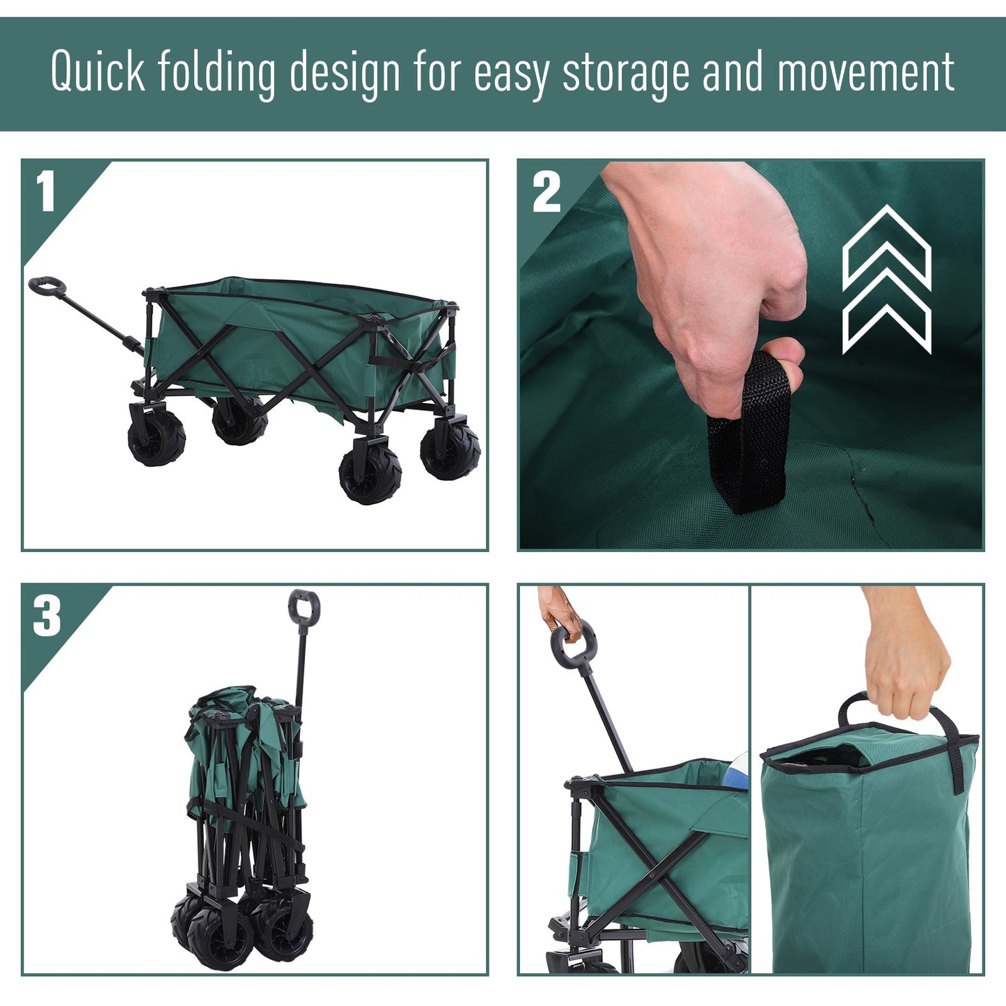 Outsunny 140L Festival Trolley on Wheels, Folding Camping Trolley Cart with Telescopic Handle, Big Wheels for Outdoor Garden Beach Fishing, Green