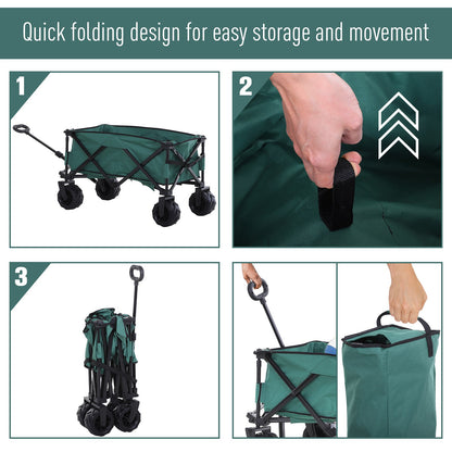 Outsunny 140L Festival Trolley on Wheels, Folding Camping Trolley Cart with Telescopic Handle, Big Wheels for Outdoor Garden Beach Fishing, Green