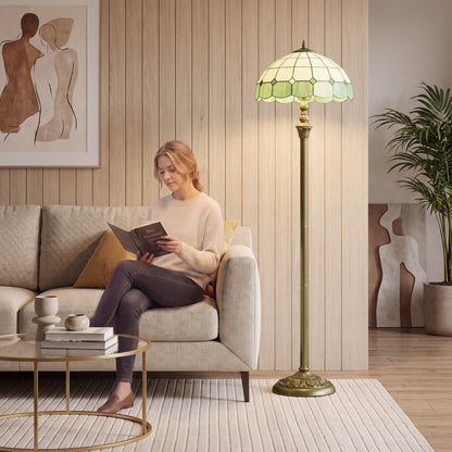 HOMCOM Tiffany-Style Floor Lamp with Handcrafted Stained Glass Shade, 152cm Tall Vintage Standing Lamp, Bronze Tone and Green