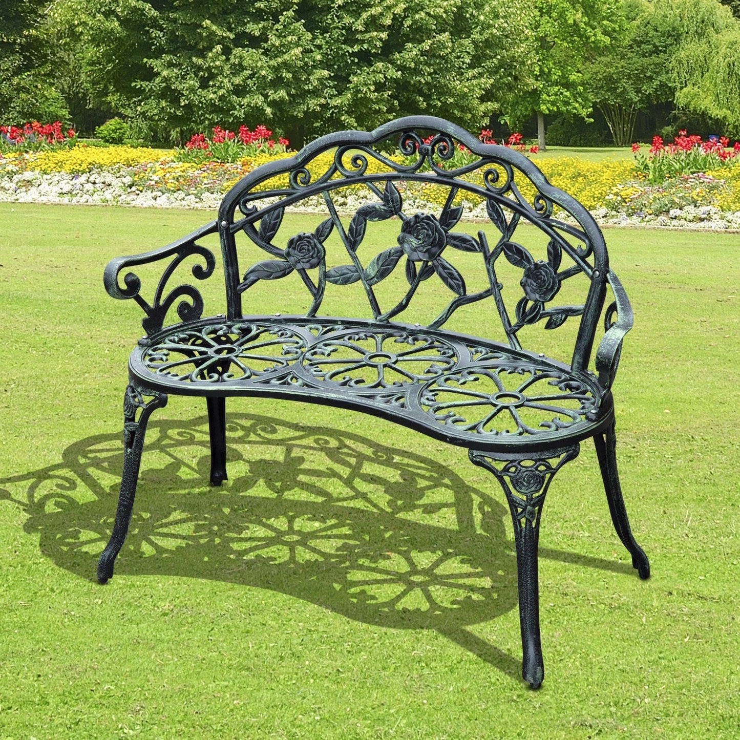 Outsunny Cast Aluminium Outdoor Garden Patio Antique Rose Style Bench Porch Park Chair Seat - أخضر