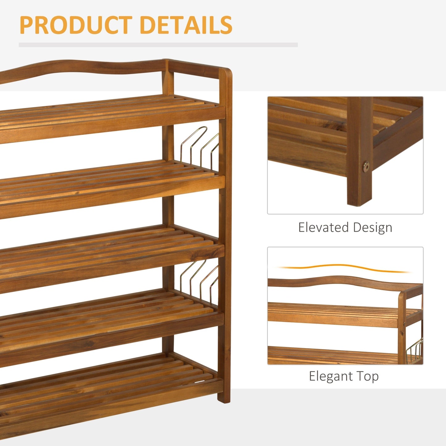 HOMCOM 5-Tier Shoe Rack, Acacia Wooden Shoe Storage Organiser with Hangers, Holds up to 19 Pairs, for Entryway, Living Room, 64 x 26 x 82 cm, Teak