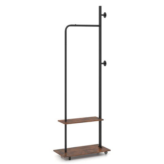 Freestanding Clothing Rack with Wheels and Hanging Rod in Rustic Brown
