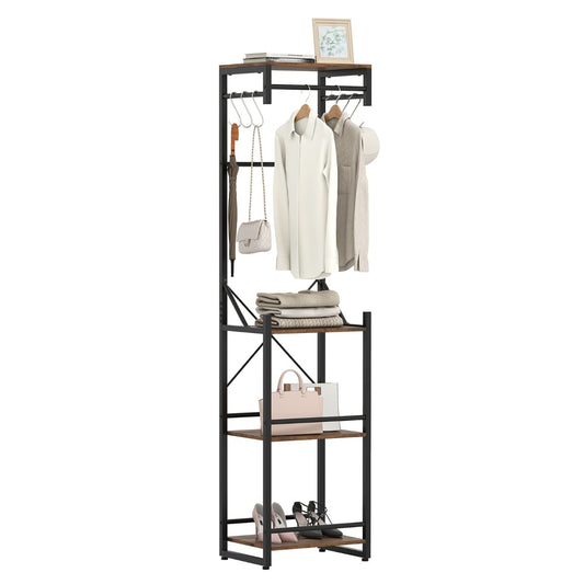 Freestanding Coat Rack Slim Hall Tree with 4 Storage Shelves-Rustic Brown