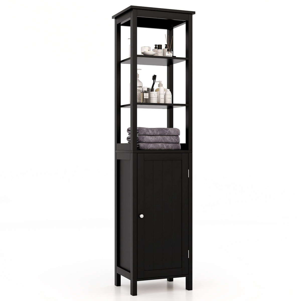 Freestanding Floor Cabinet with 3-Position Middle Panel and Anti-Toppling Mechanism-Black