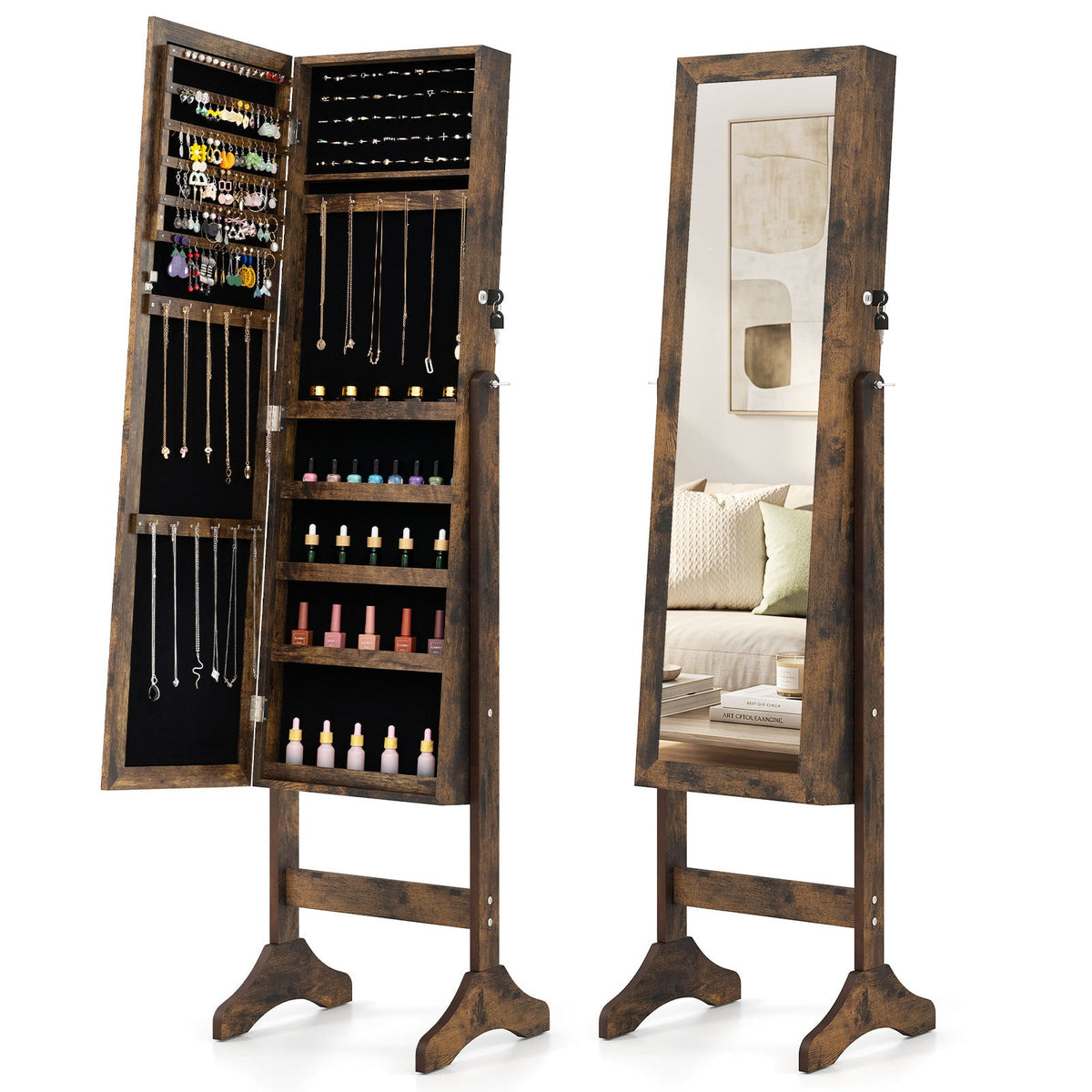 Freestanding Jewelry Armoire Cabinet with Full Length Mirror in Rustic Brown