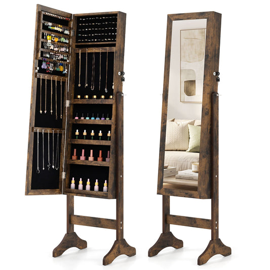 Freestanding Jewelry Armoire Cabinet with Full Length Mirror in Rustic Brown