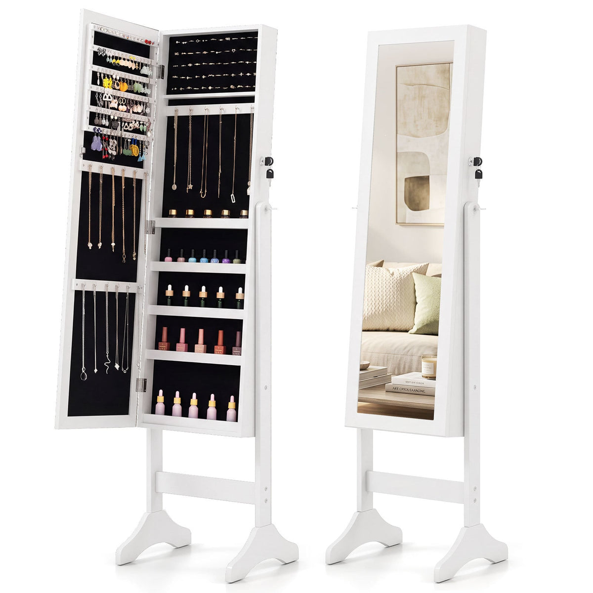 Freestanding Jewelry Armoire Cabinet with Full Length Mirror in White