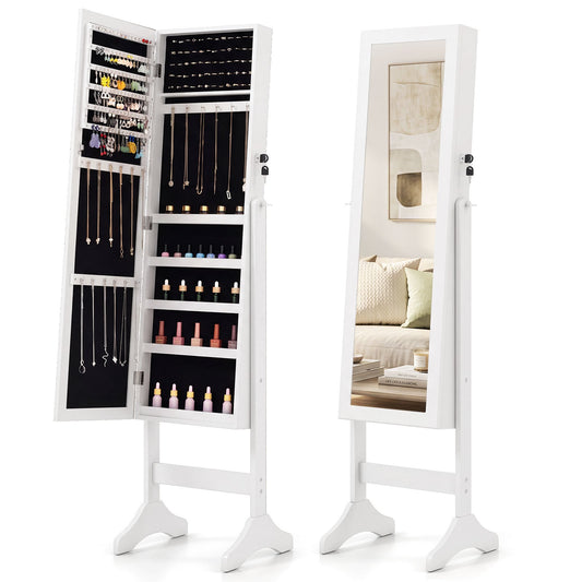 Freestanding Jewelry Armoire Cabinet with Full Length Mirror in White