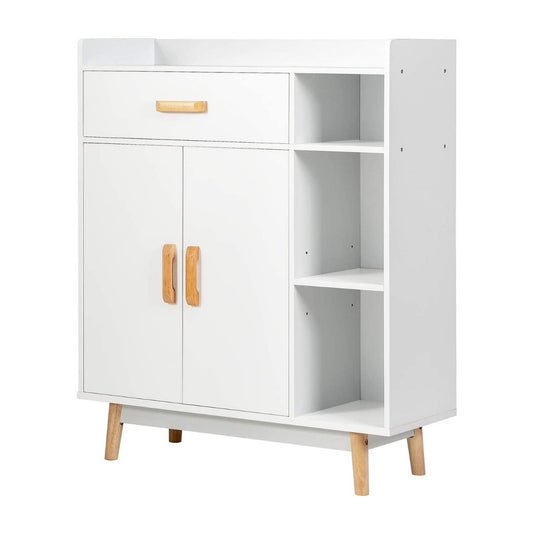 Freestanding Wooden Bookcase with Drawer and Adjustable Shelves-White