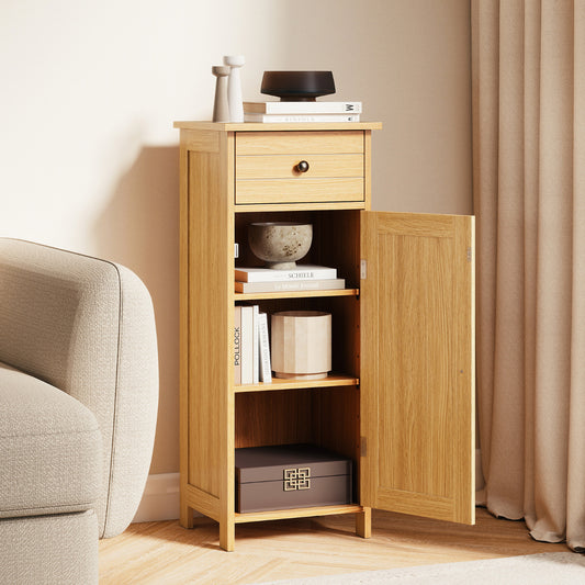 Freestanding Bathroom Storage Cabinet with Door Drawer and Adjustable Shelves-Natural