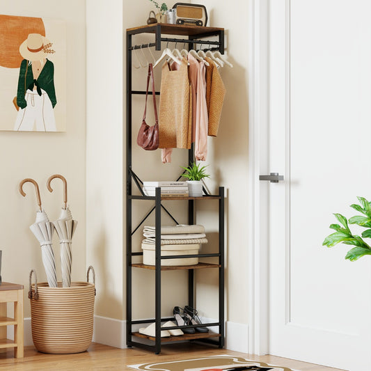 Freestanding Coat Rack Slim Hall Tree with 4 Storage Shelves-Rustic Brown
