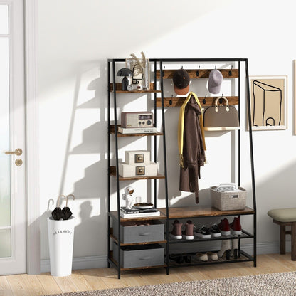 6-in-1 Freestanding Garment Coat Rack with 9 Hooks and 6 Storage Shelves