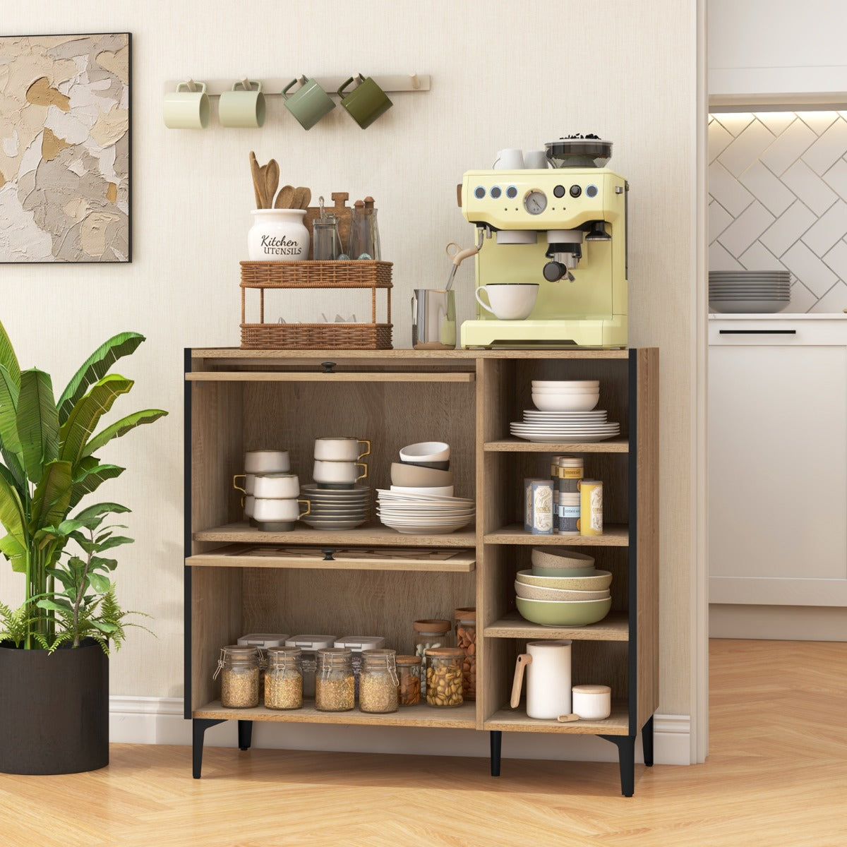 Freestanding Shoe Organizer with Flip Doors Adjustable Shelves-Oak