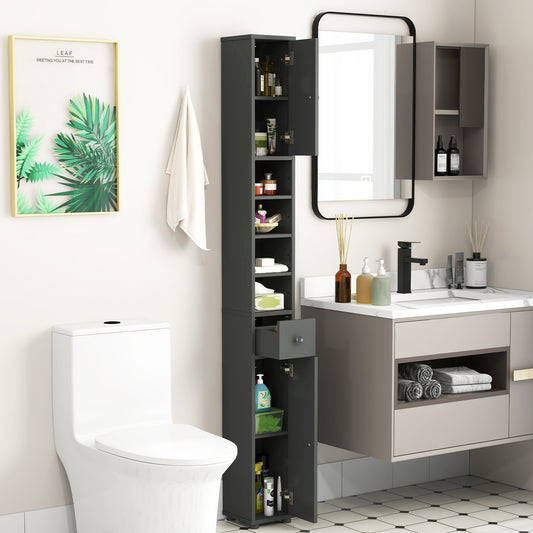 Freestanding Slim Bathroom Cabinet with Drawer and Adjustable Shelves-Gray