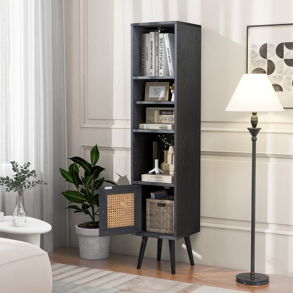 Freestanding Slim Cabinet with Rattan Door and Solid Wood Legs-Black