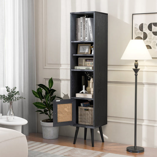Freestanding Slim Cabinet with Rattan Door and Solid Wood Legs-Black