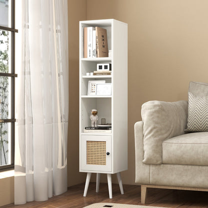 Freestanding Slim Cabinet with Rattan Door and Solid Wood Legs-White