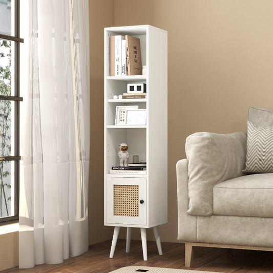 Freestanding Slim Cabinet with Rattan Door and Solid Wood Legs-White
