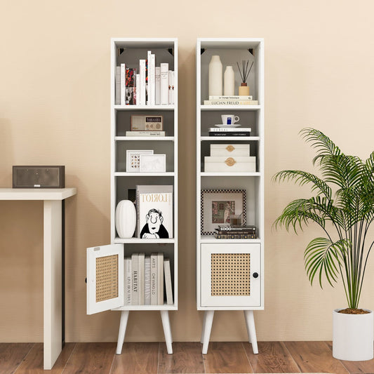 Freestanding Slim Cabinet with Rattan Door and Solid Wood Legs-White