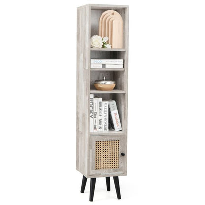 Freestanding Slim Cabinet with Rattan Door and Solid Wood Legs-Grey