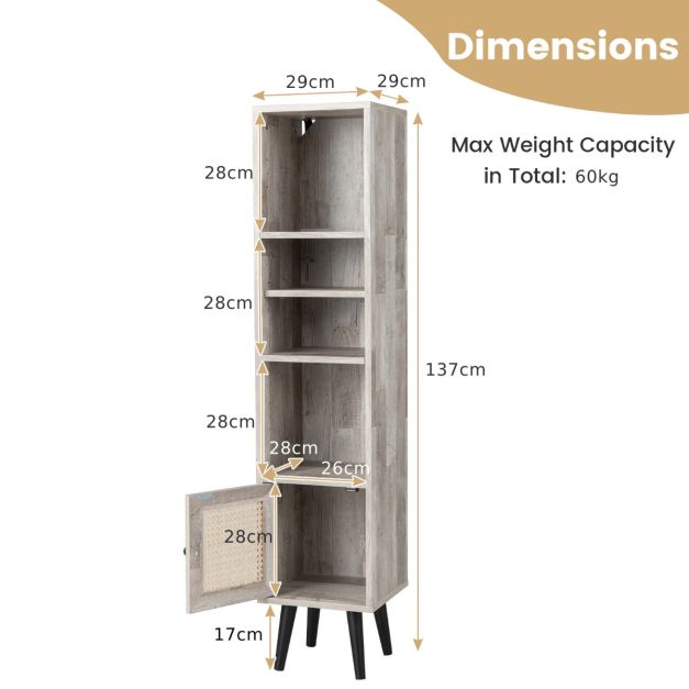 Freestanding Slim Cabinet with Rattan Door and Solid Wood Legs-Grey