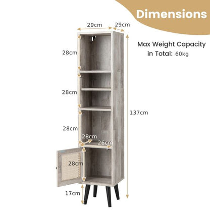 Freestanding Slim Cabinet with Rattan Door and Solid Wood Legs-Grey