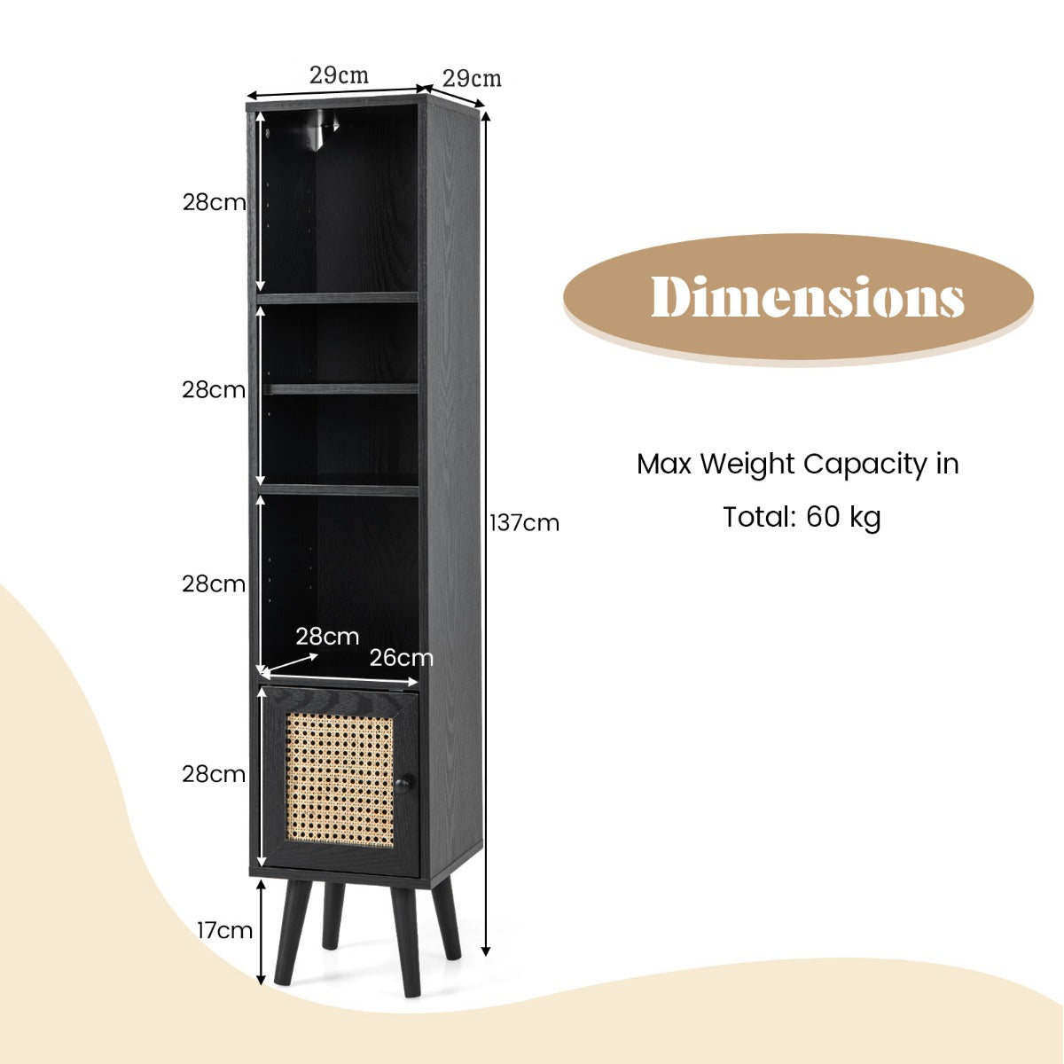 Freestanding Slim Cabinet with Rattan Door and Solid Wood Legs-Black
