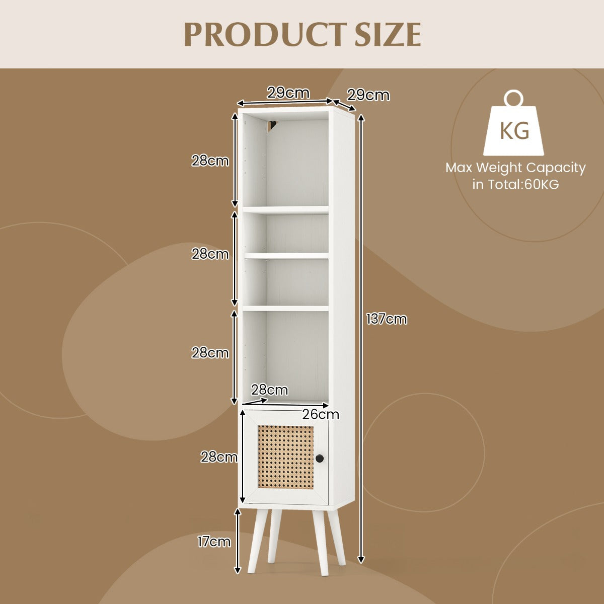 Freestanding Slim Cabinet with Rattan Door and Solid Wood Legs-White
