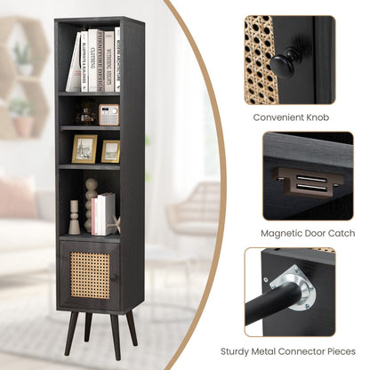 Freestanding Slim Cabinet with Rattan Door and Solid Wood Legs-Black