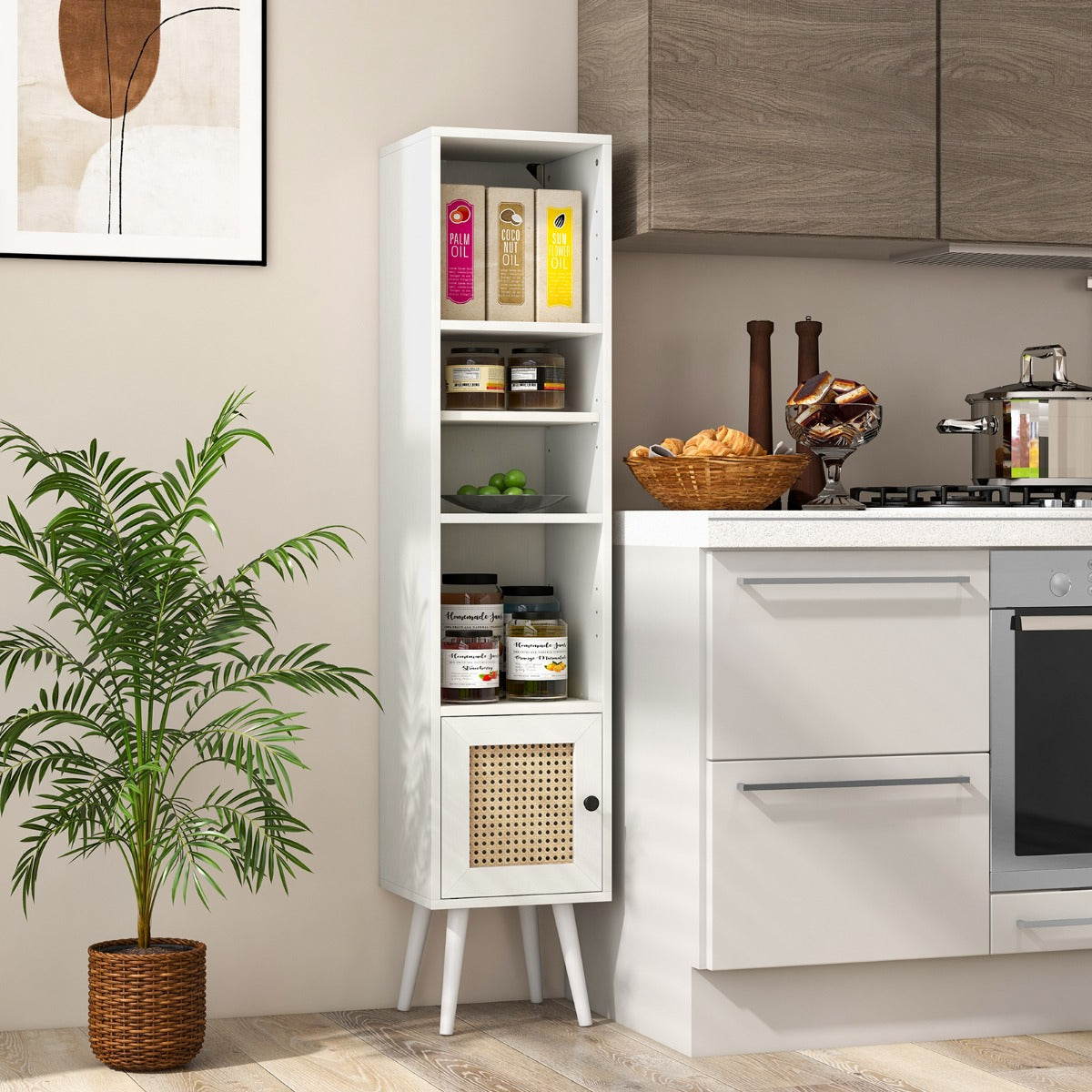 Freestanding Slim Cabinet with Rattan Door and Solid Wood Legs-White