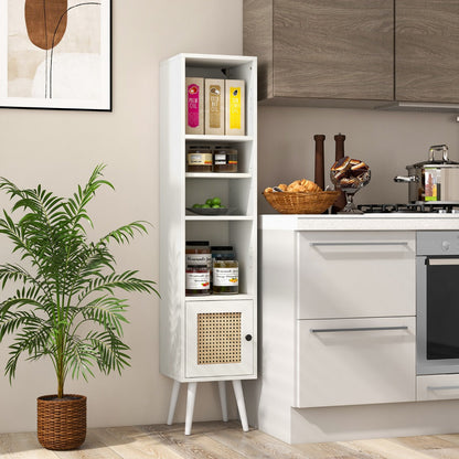 Freestanding Slim Cabinet with Rattan Door and Solid Wood Legs-White