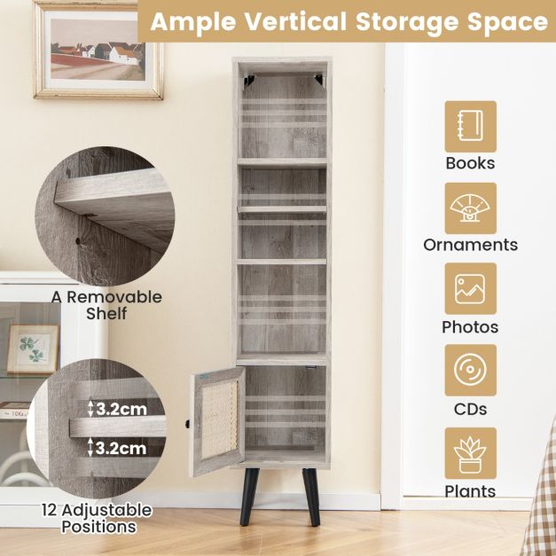 Freestanding Slim Cabinet with Rattan Door and Solid Wood Legs-Grey