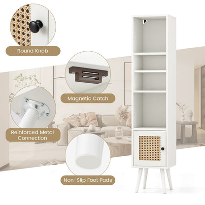 Freestanding Slim Cabinet with Rattan Door and Solid Wood Legs-White