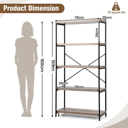 Freestanding Wooden 5-Tier Storage Bookshelf-Grey