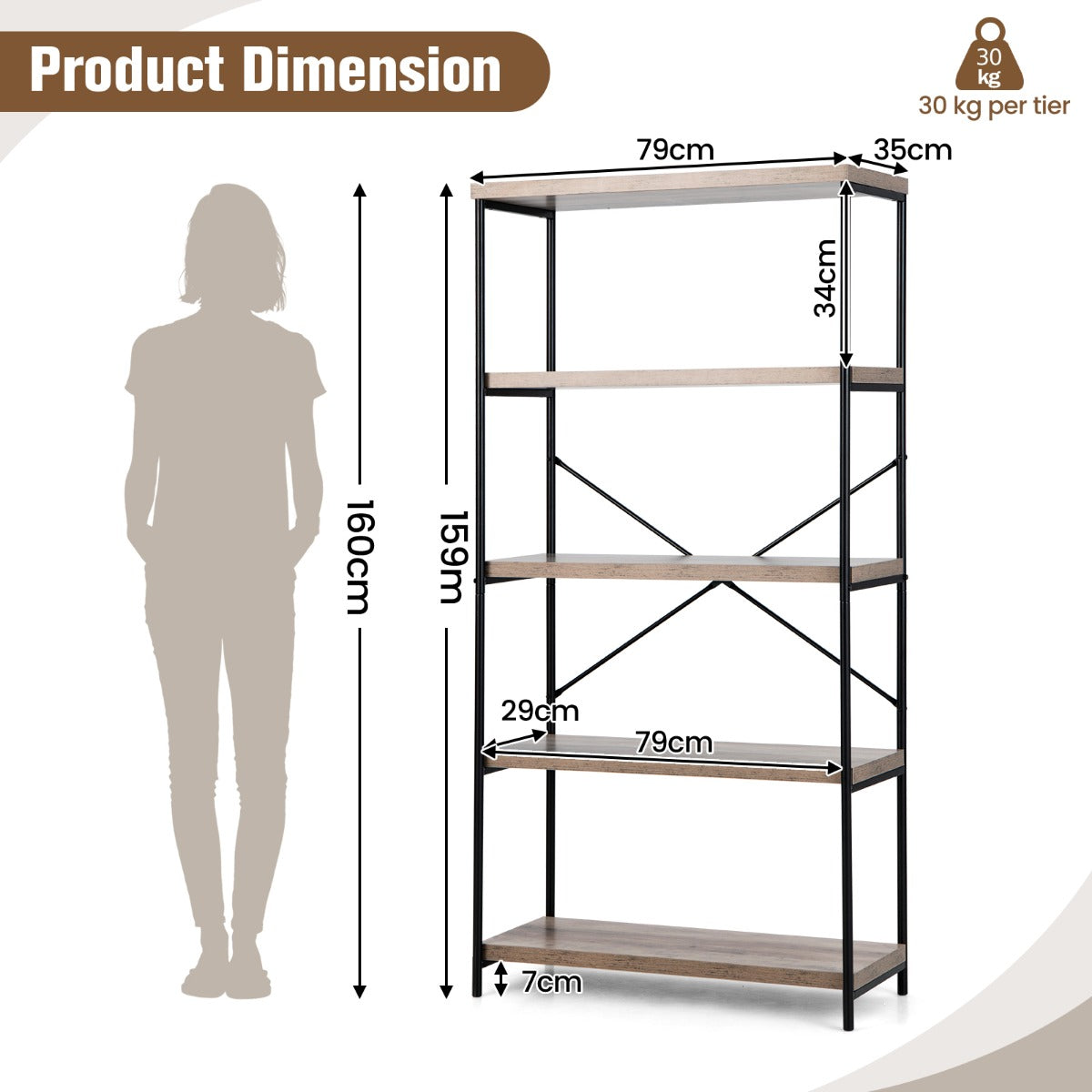 Freestanding Wooden 5-Tier Storage Bookshelf-Grey
