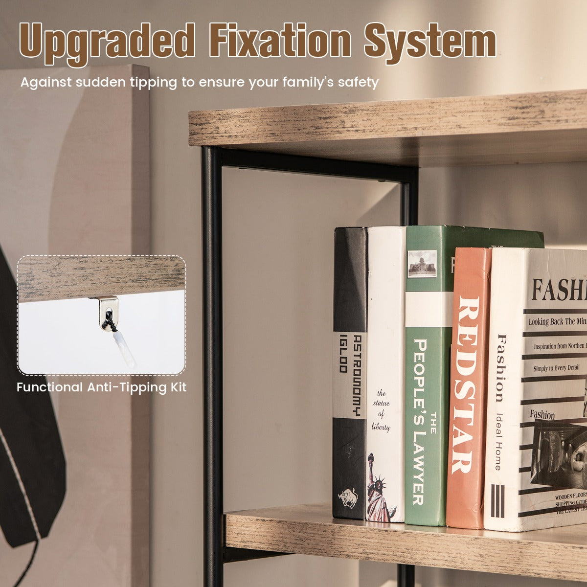 Freestanding Wooden 5-Tier Storage Bookshelf-Grey