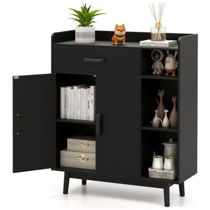 Freestanding Wooden Bookcase with Drawer and Adjustable Shelves-Black