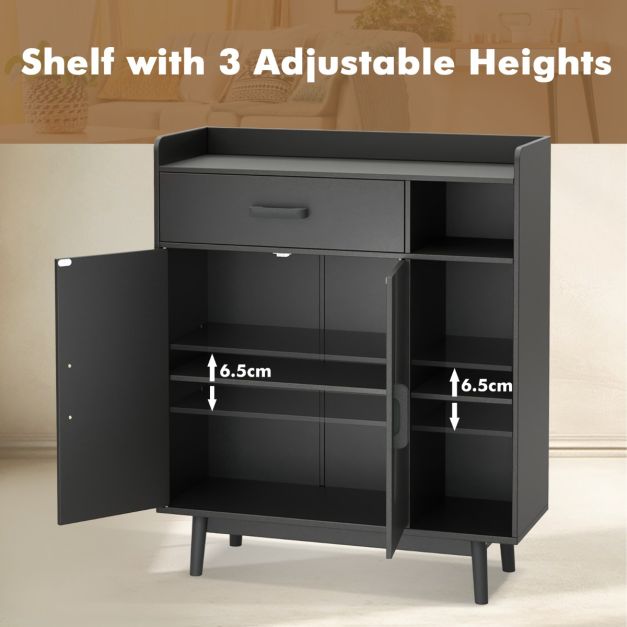 Freestanding Wooden Bookcase with Drawer and Adjustable Shelves-Black