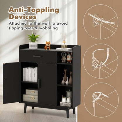 Freestanding Wooden Bookcase with Drawer and Adjustable Shelves-Black