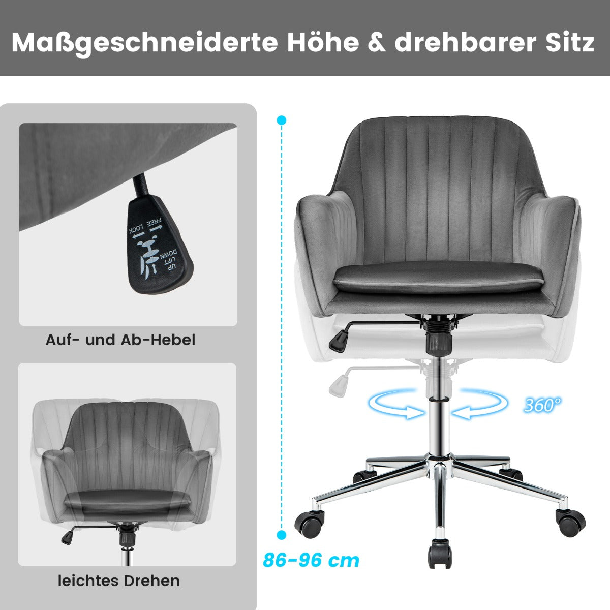 Adjustable Velvet Leisure Chair with 4 Universal Wheels for Daily-Grey