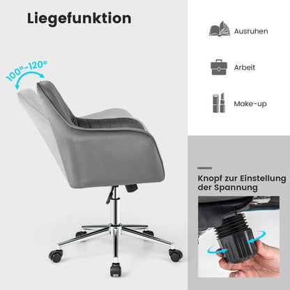 Adjustable Velvet Leisure Chair with 4 Universal Wheels for Daily-Grey