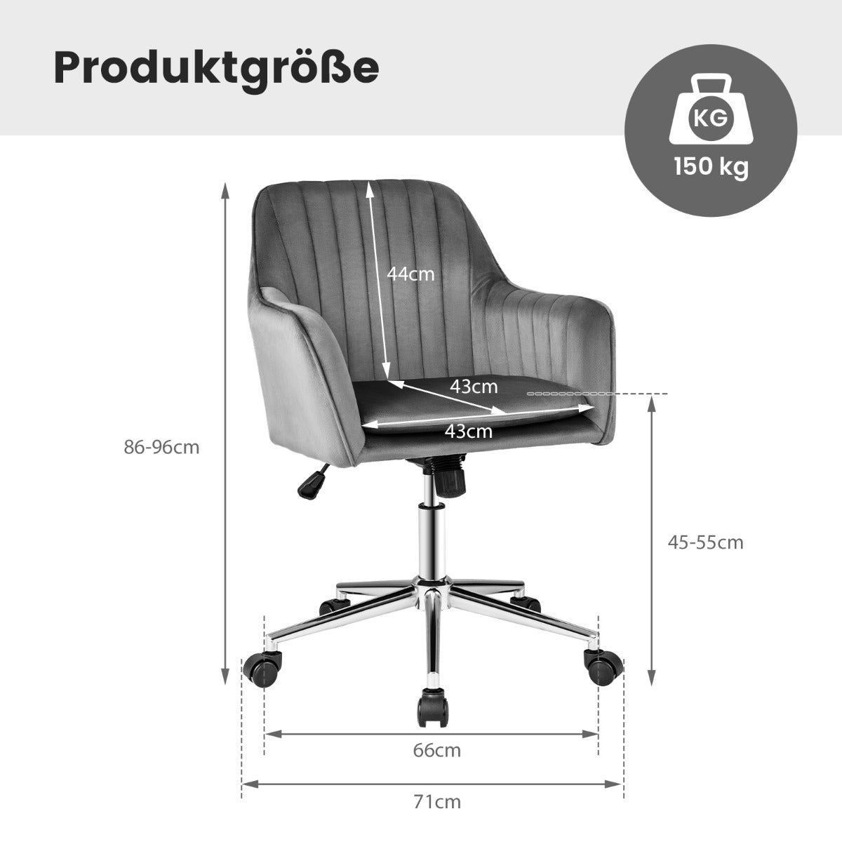 Adjustable Velvet Leisure Chair with 4 Universal Wheels for Daily-Grey