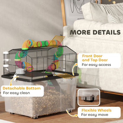 PawHut 2 Tier Hamster Cage with 31cm Deep Tray, Tube System, Water Bottle, Ramp, Feeding Bowl, 58 x 43 x 57cm, Multicolour