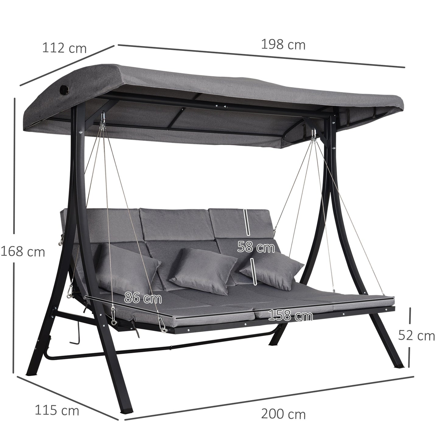 Outsunny Steel Pipe 3-Seater Outdoor Garden Recliner Swing Chair Grey