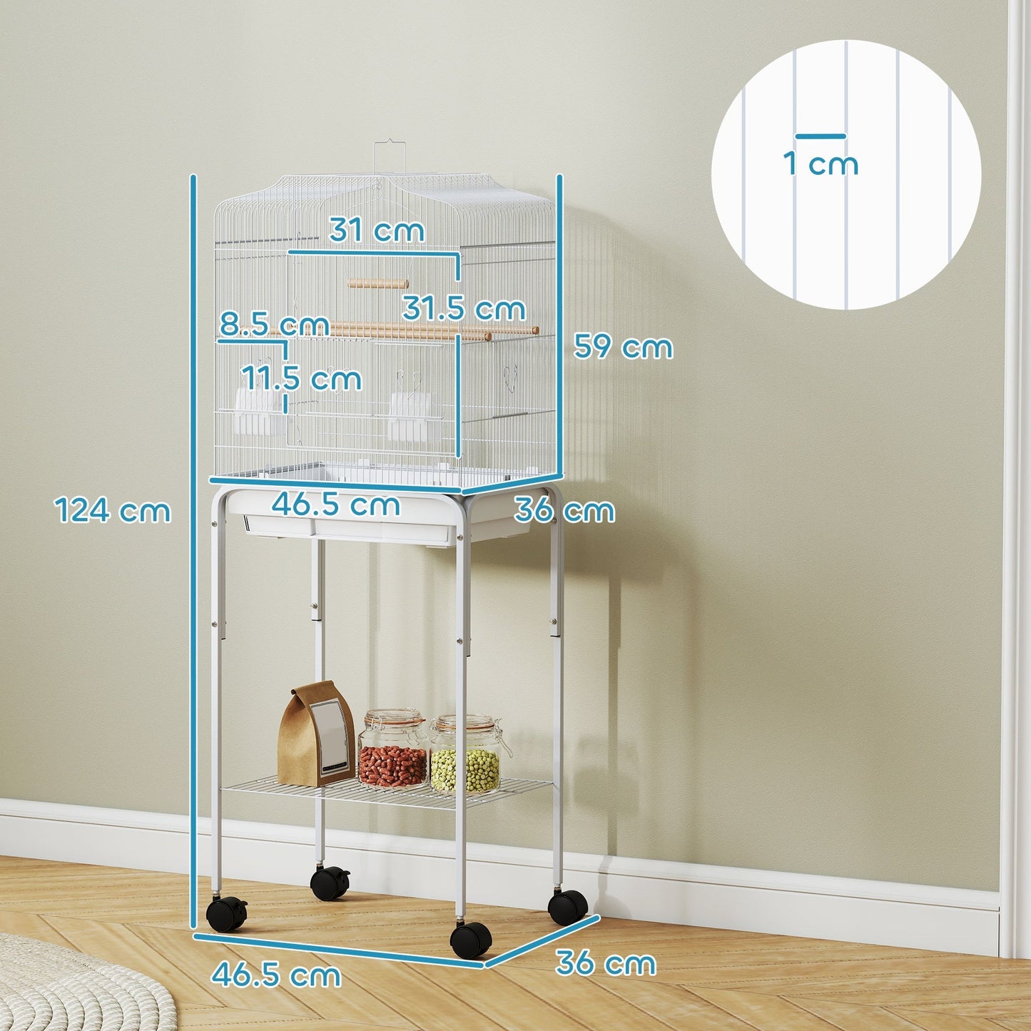 PawHut Bird Cage Budgie Cages for Finch Canary Parakeet with Stand Wheels Slide-out Tray Accessories Storage Shelf, White