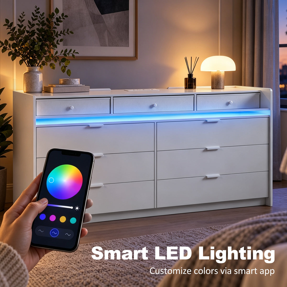 HOMCOM Chest of Drawers for Bedroom with LED Light & Charging Station, 9 Drawers Storage Unit/TV Stand, White