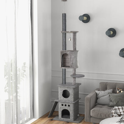 PawHut 255cm Floor To Ceiling Cat Tree for Indoor Cats Climber Scratching Post Adjustable Height Play Tower Removable Cover Grey