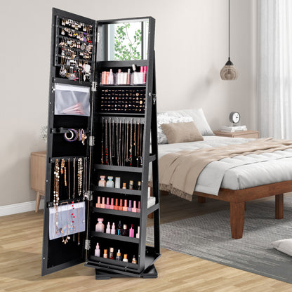 Full Length Mirrored Jewellery Cabinet Rotates 360° with Open Display Shelves-Black