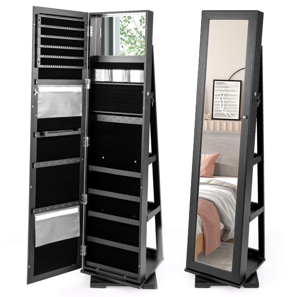 Full Length Mirrored Jewellery Cabinet Rotates 360° with Open Display Shelves-Black