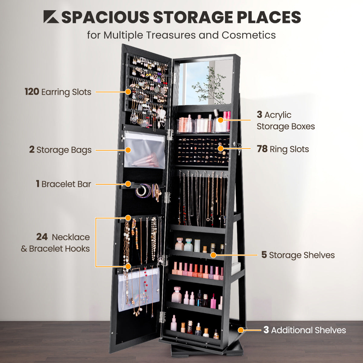 Full Length Mirrored Jewellery Cabinet Rotates 360° with Open Display Shelves-Black